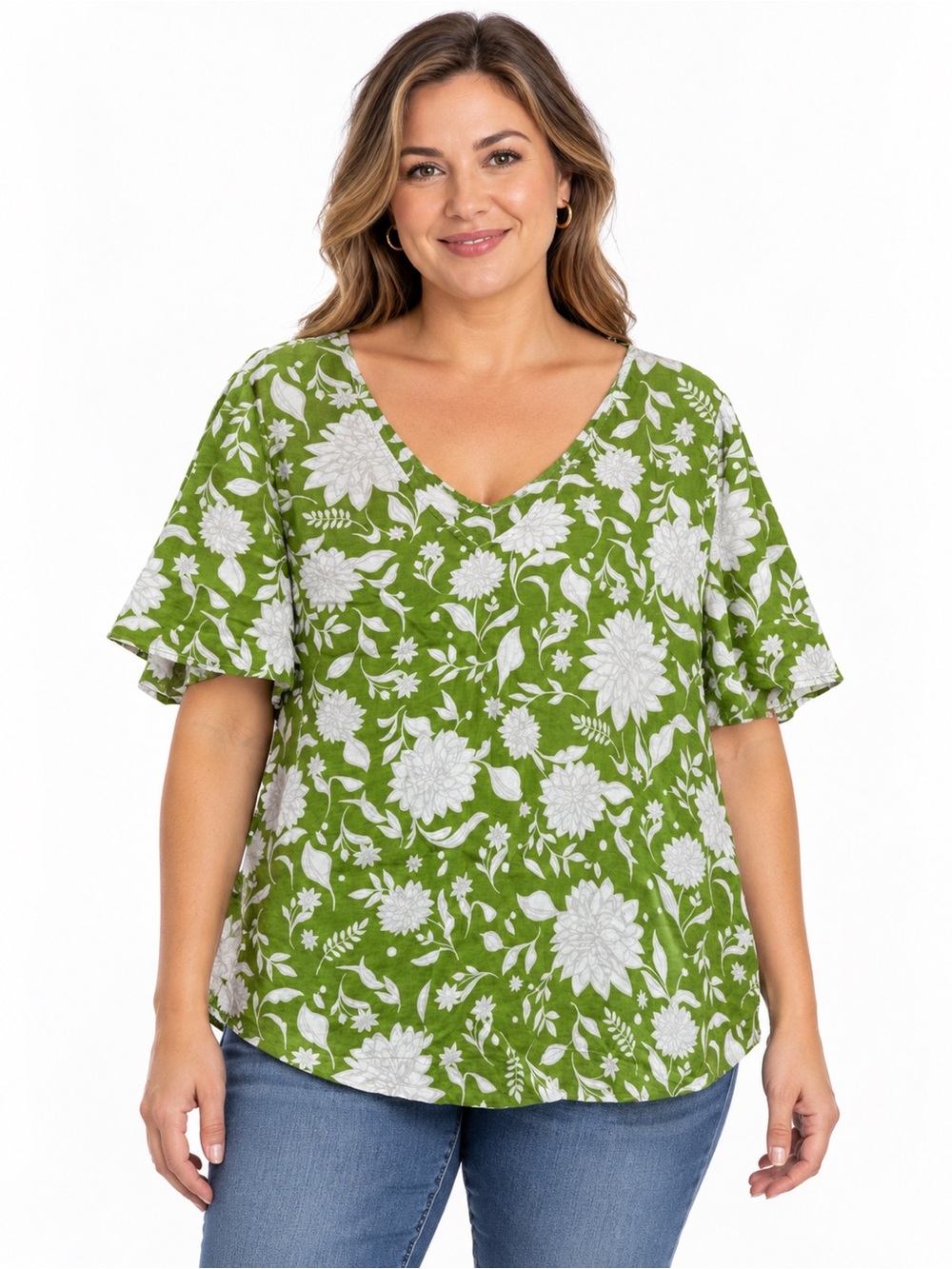 Ava & Viv White Floral V-Neck Flutter Sleeve Top - Green